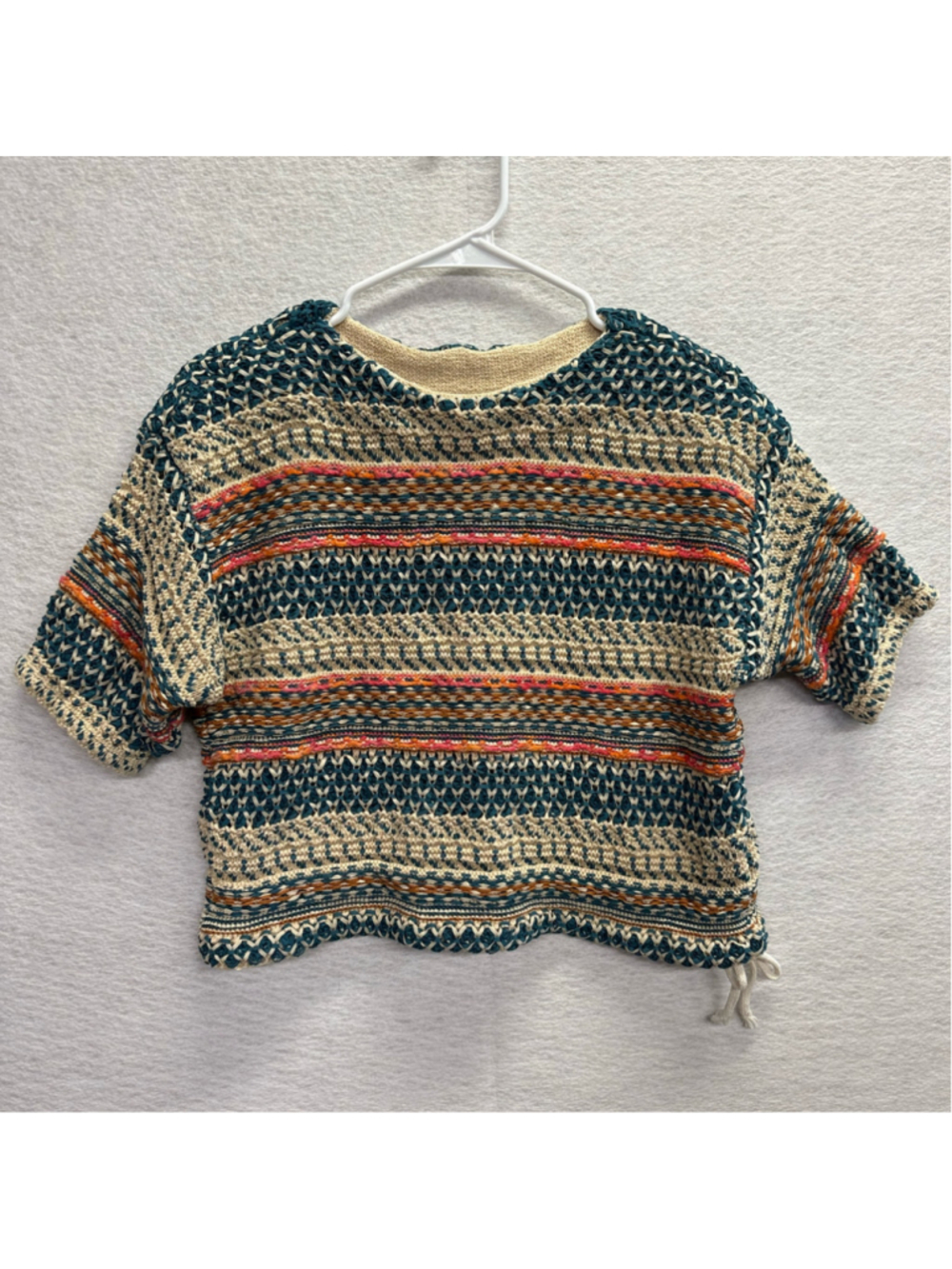 Lou & Grey XS Crochet Open Knit Cropped Sweater Boho Drawstring Multicolor
